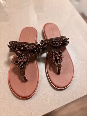 NEW Free People Brown Beaded Fringe Thong Sandals